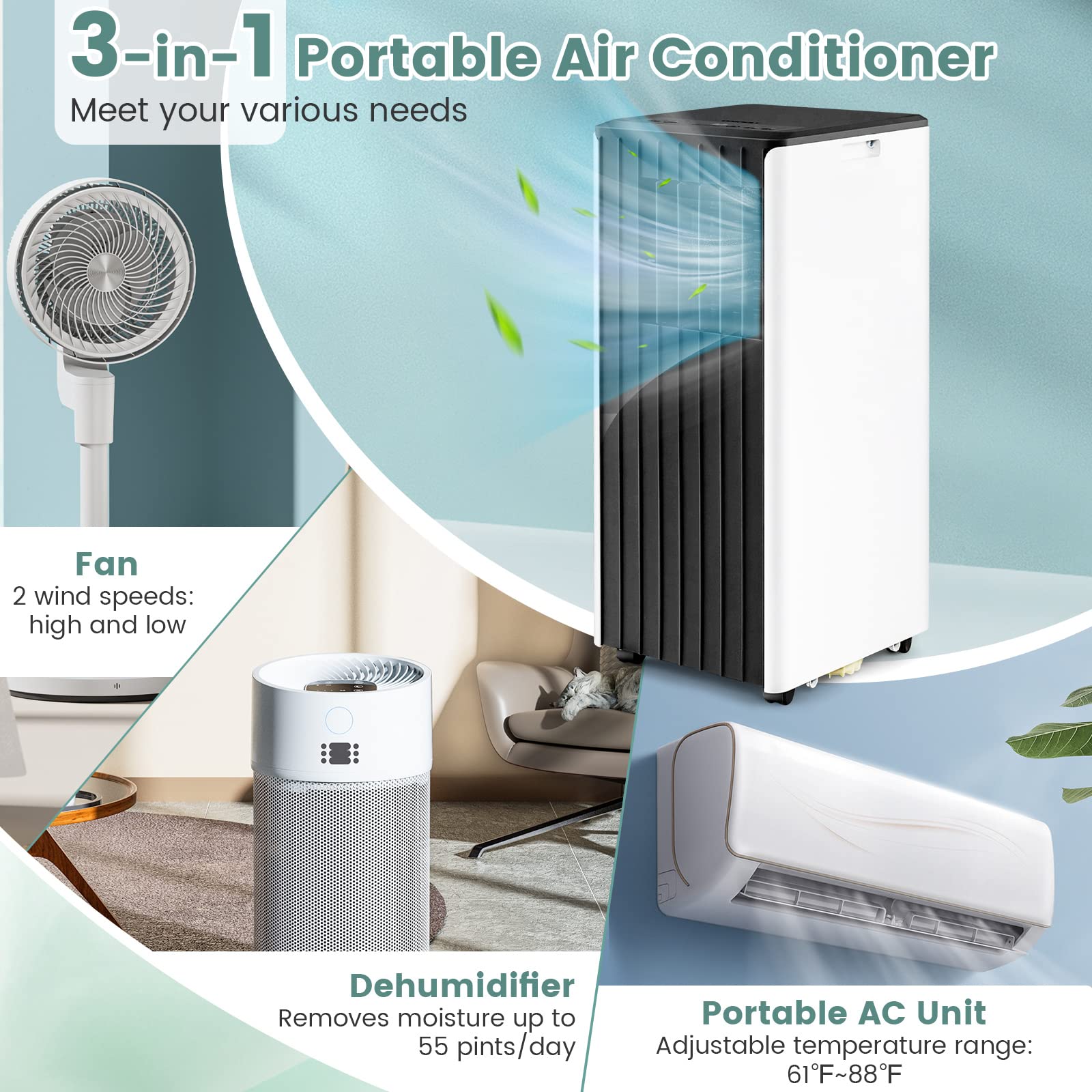 Costway 10000 Btu Portable Air Conditioner, 3 In 1 Ac Unit With Dehumidifier & Smart Sleep Mode, 24H Timer & Remote Control, Cools Rooms Up To 350 Sq.Ft, Window Kit Included (White + Black)